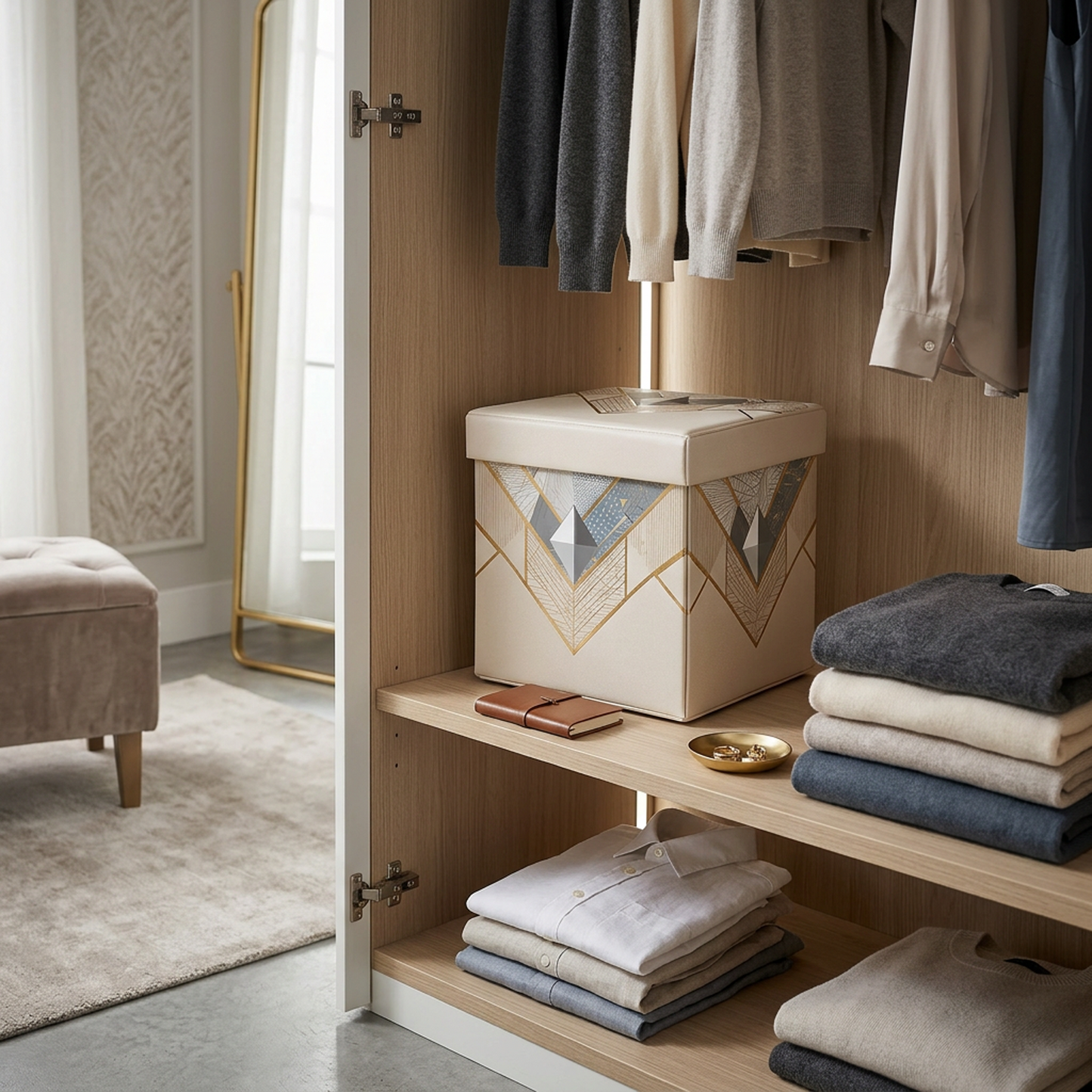 Geometric Gold-Accented Storage Ottoman