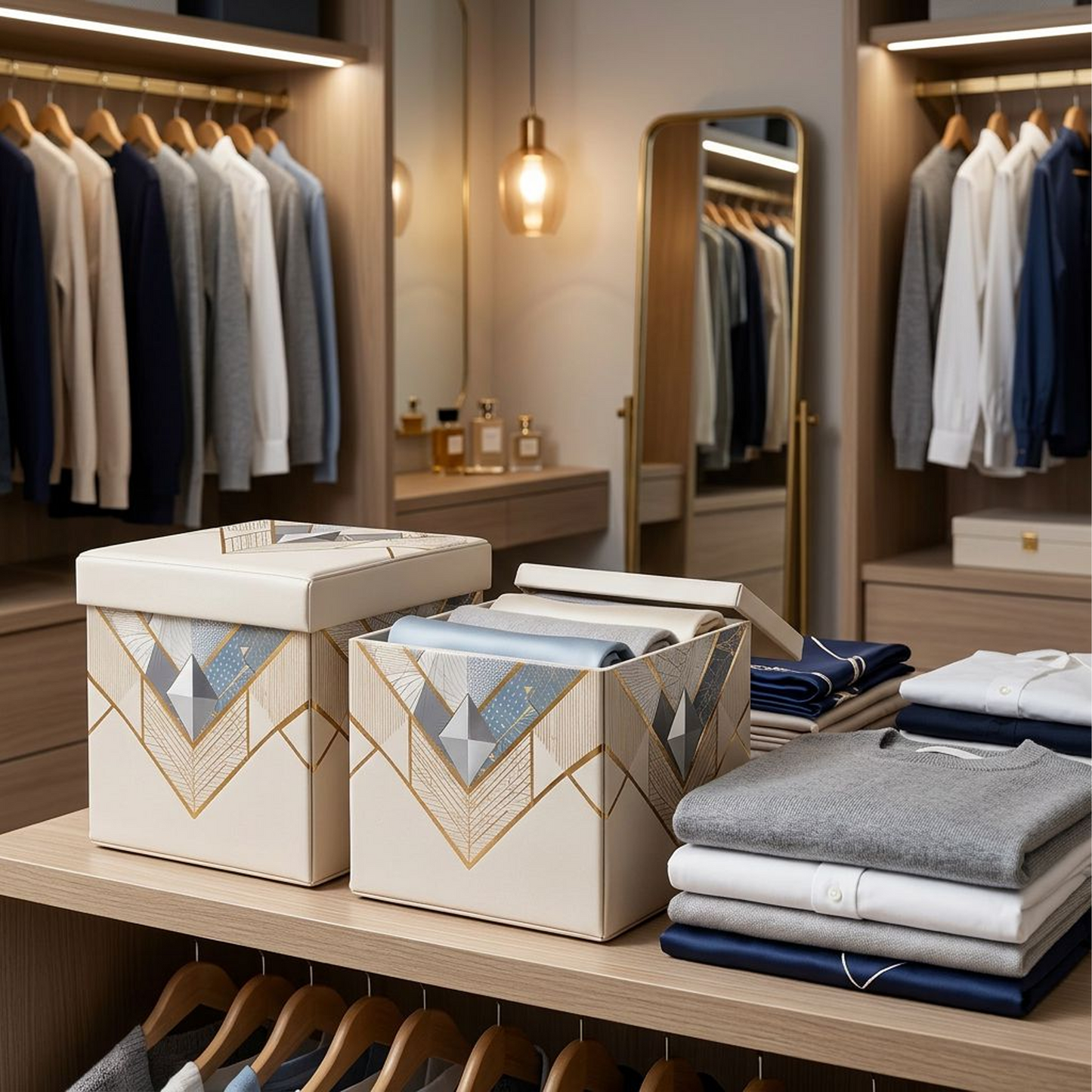 Geometric Gold-Accented Storage Ottoman