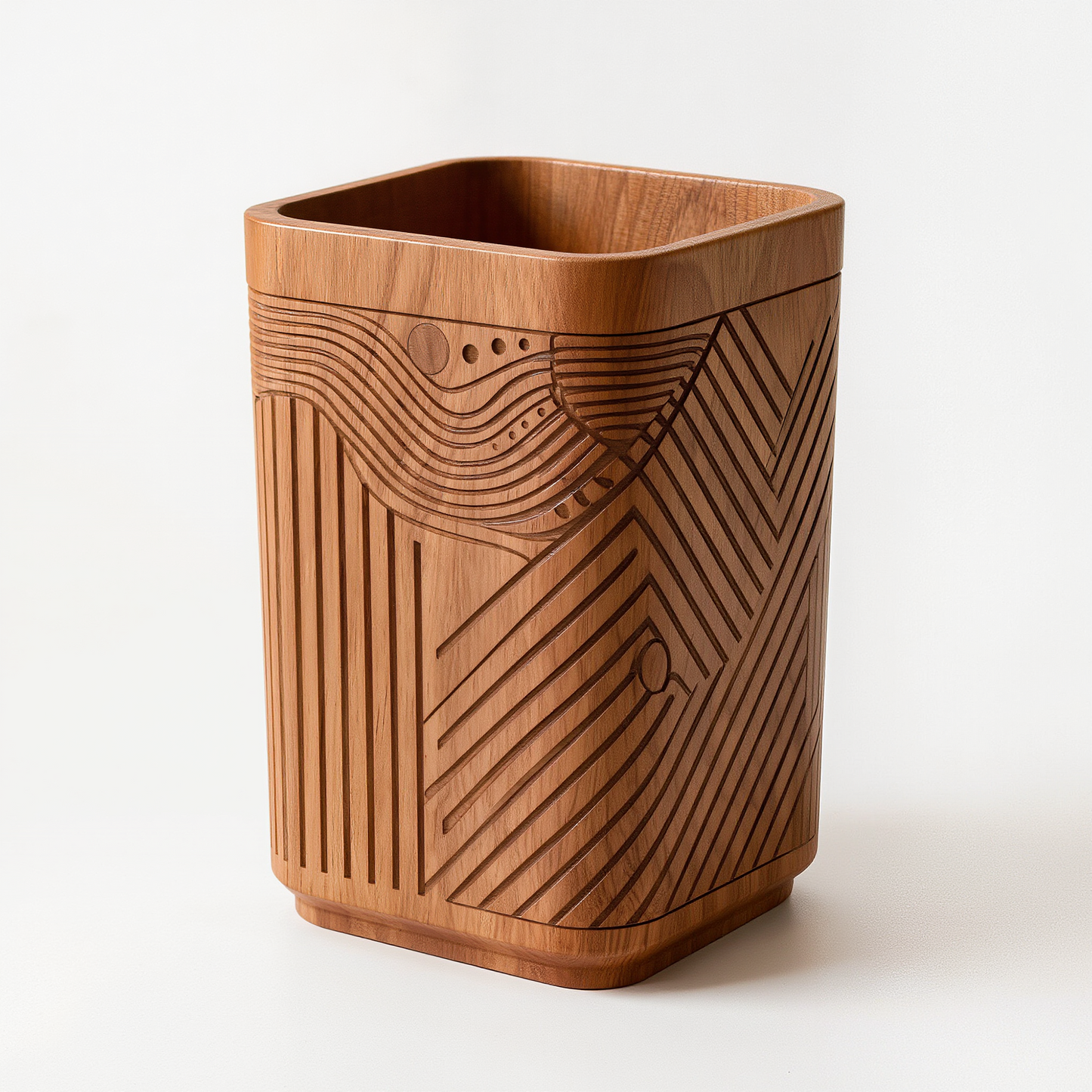 Handcrafted Wooden Geometric Carved Waste Bin