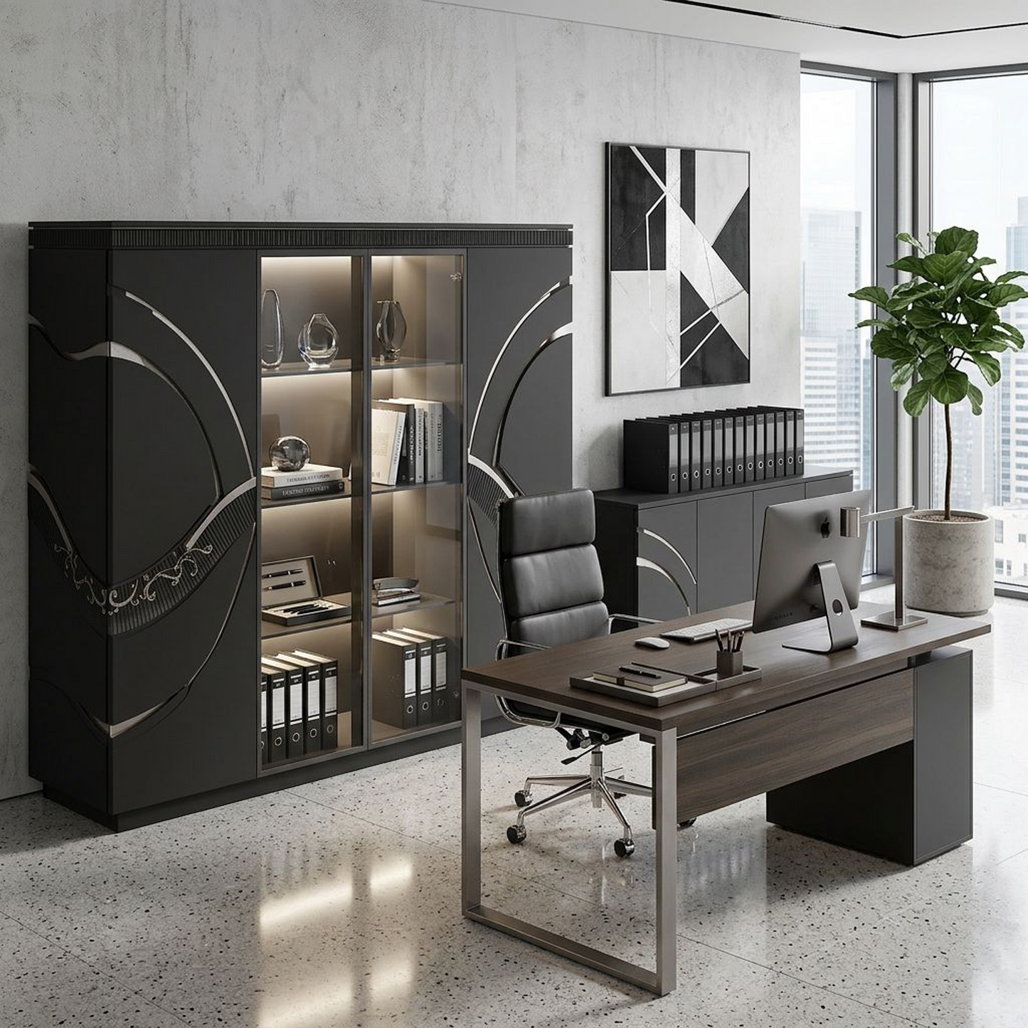 Modern Black Display Cabinet with Elegant Metallic Accents