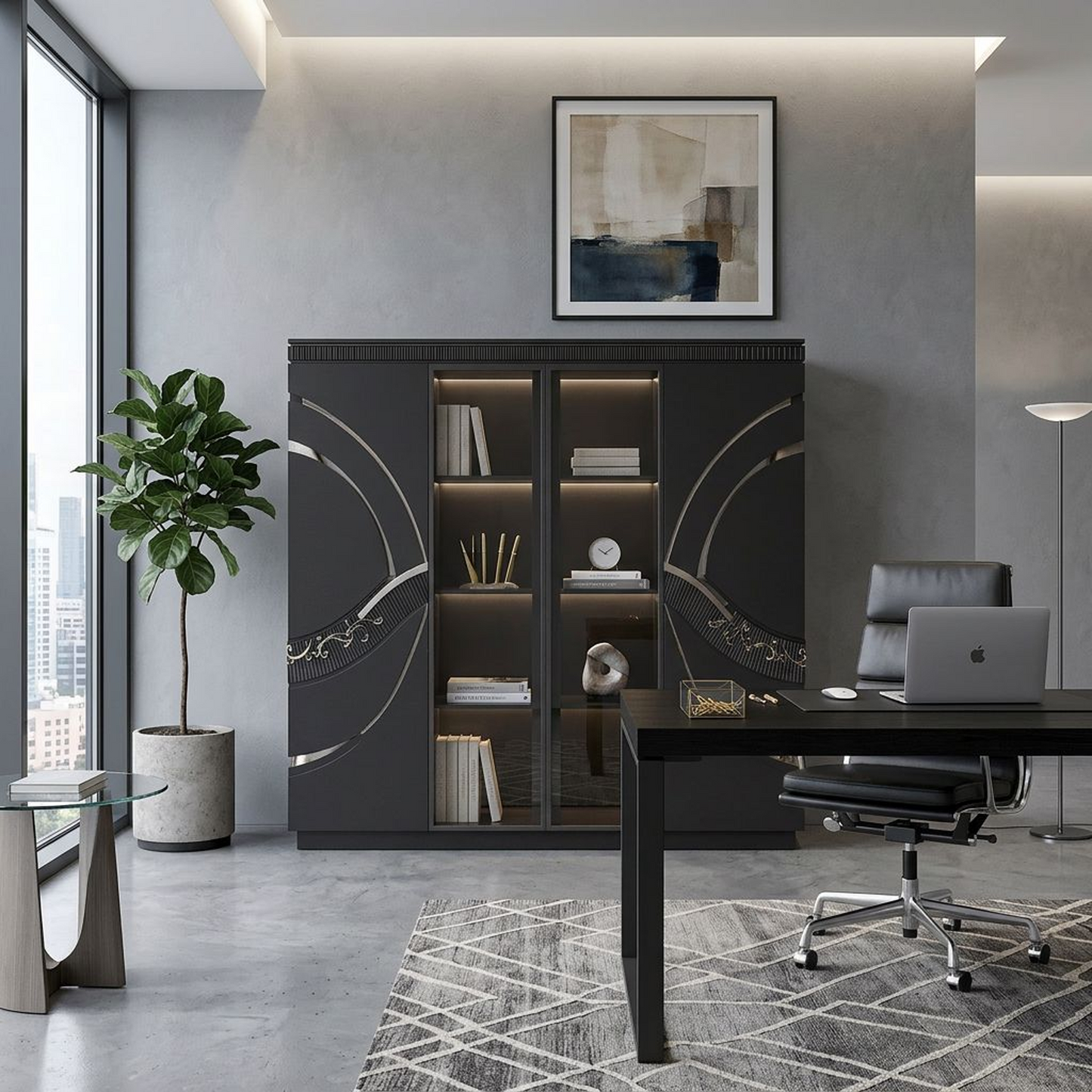 Modern Black Display Cabinet with Elegant Metallic Accents