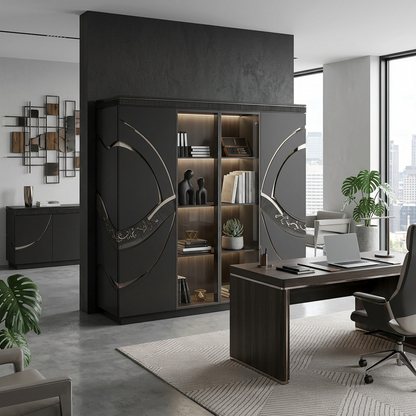 Modern Black Display Cabinet with Elegant Metallic Accents