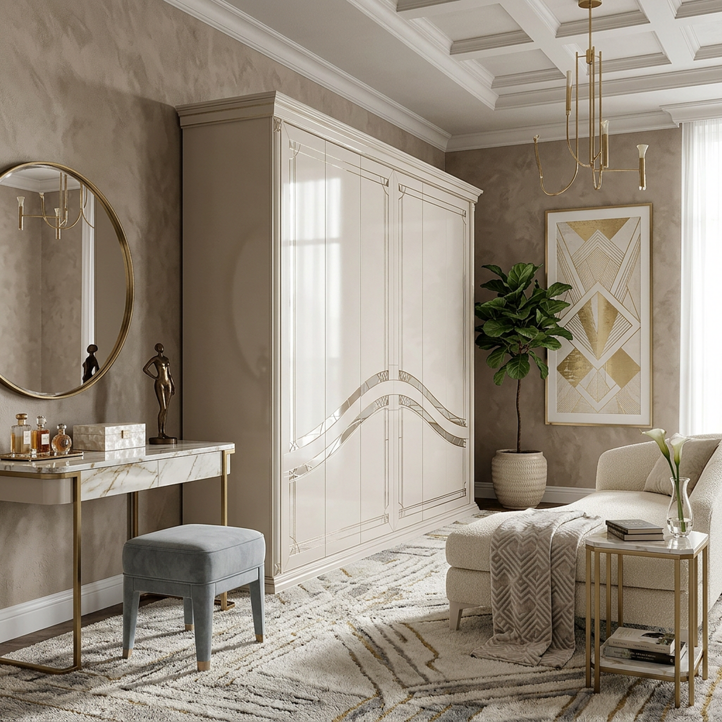 Elegant Cream Wardrobe with Geometric Accents
