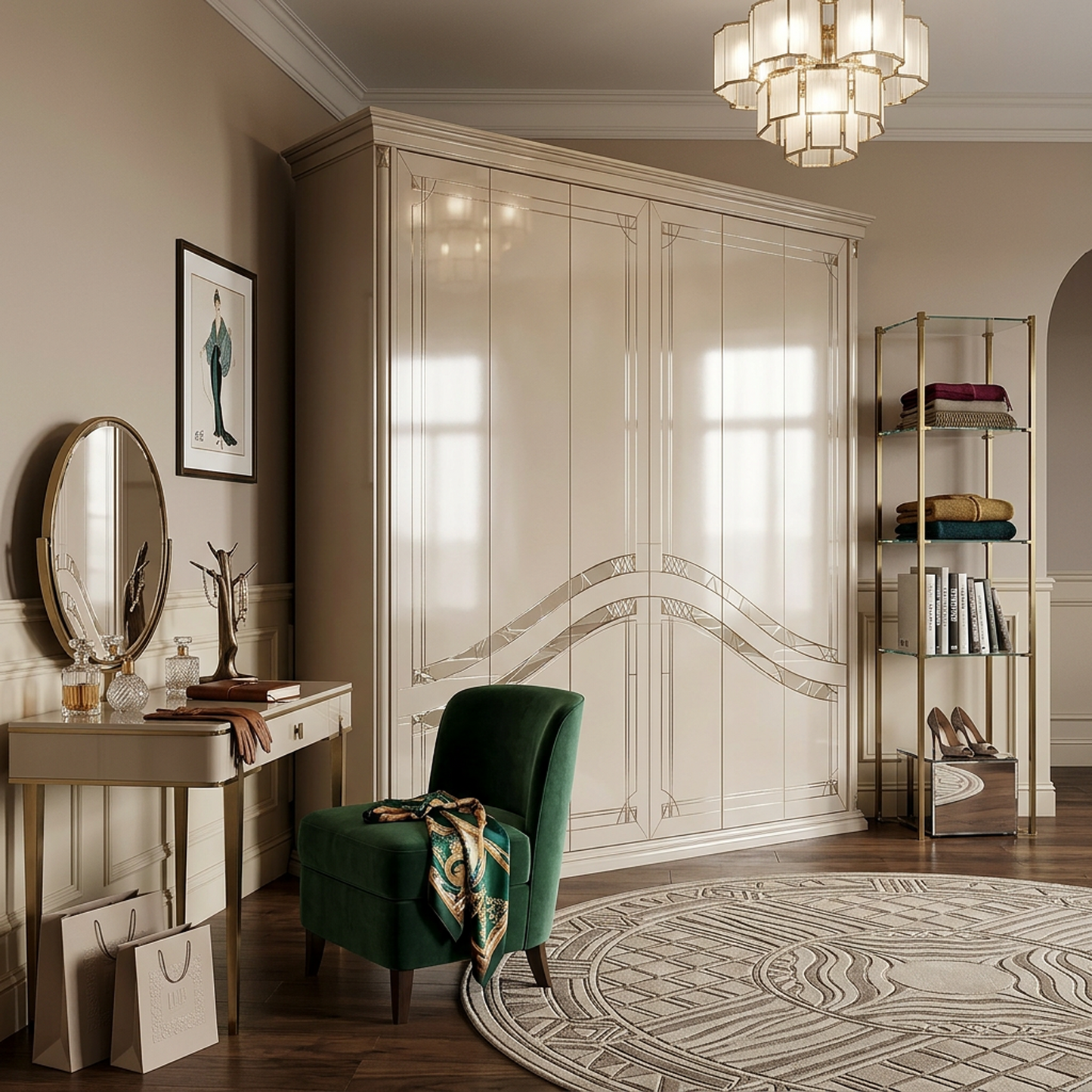 Elegant Cream Wardrobe with Geometric Accents