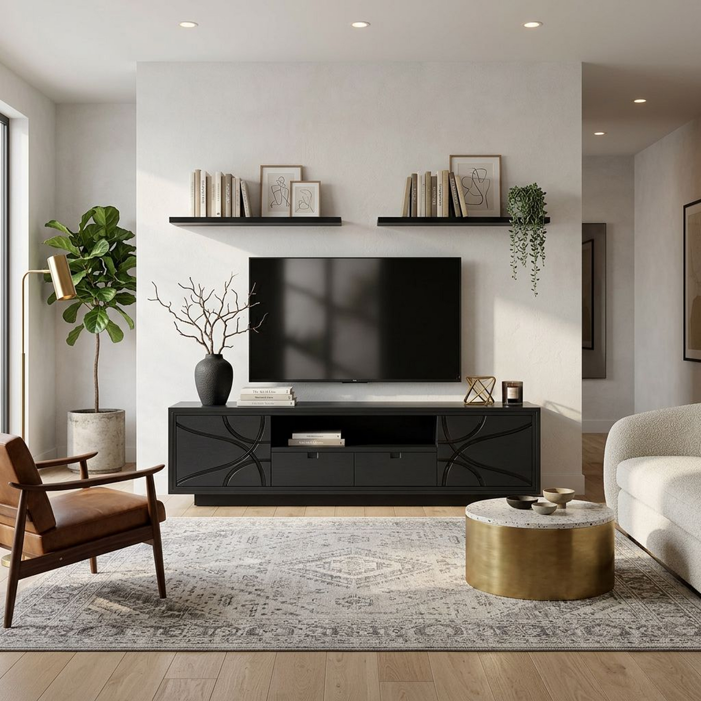 Modern Black Media Console with Textured Design